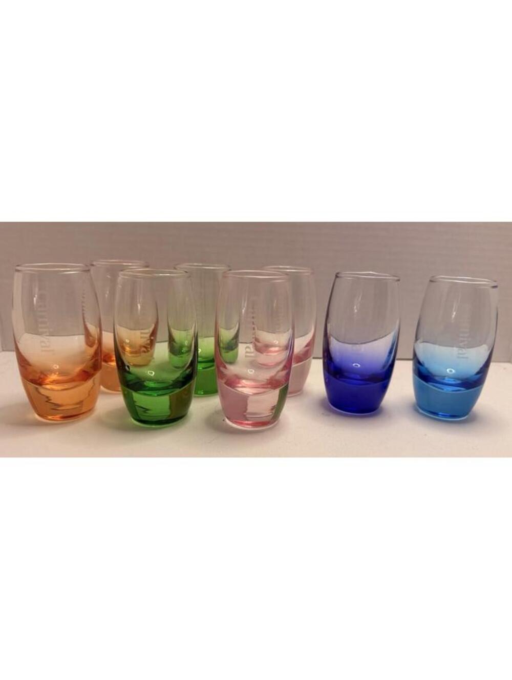 Lot Of 8. Carnival Cruises Shot Glasses. Orange,Green,Pink, & Blue. Etched. Used
